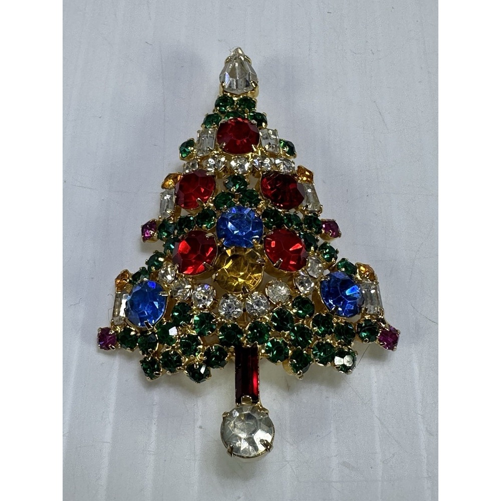 Vintage WARNER Gold Tone Multicolor Rhinestone CHRISTMAS TREE Pin Brooch